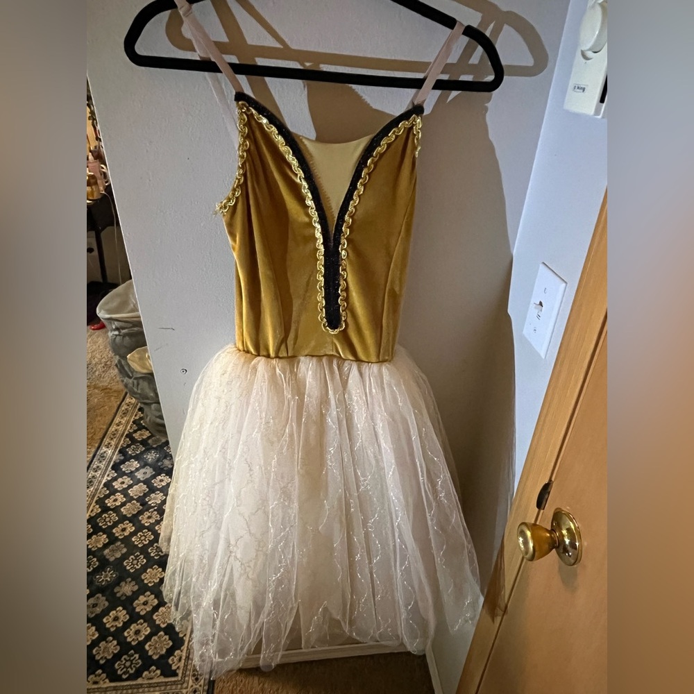 ADULT SMALL dance costume Gold and Cream Dress with Black Trim